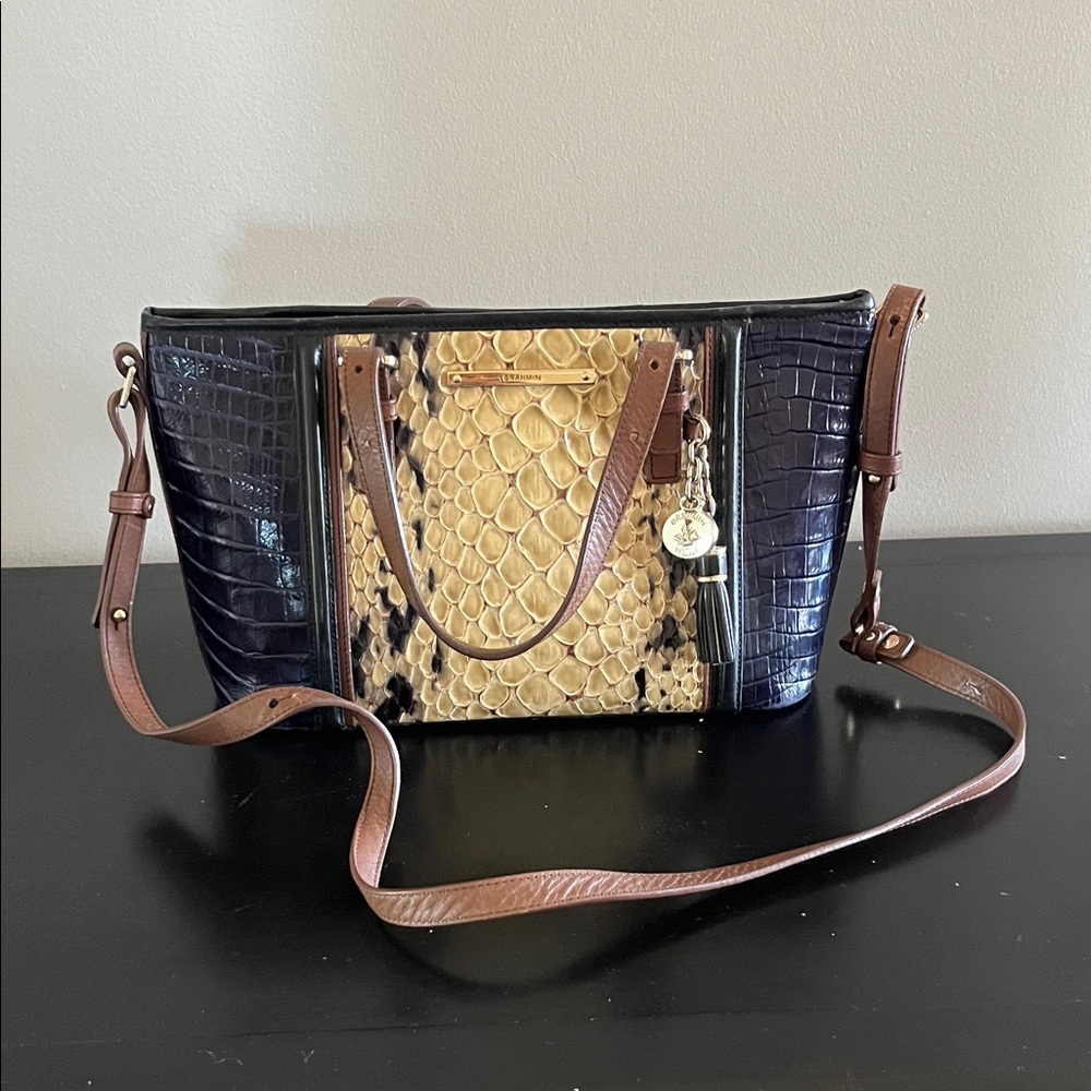 Brahmin Black Croc & Beige Snake-Print Leather Shoulder Bag with Brown Strap